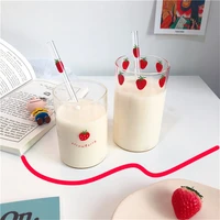 glass water bottle with straw berry cute nordic glass cup creative transparent water cup student milk heat resistant glass