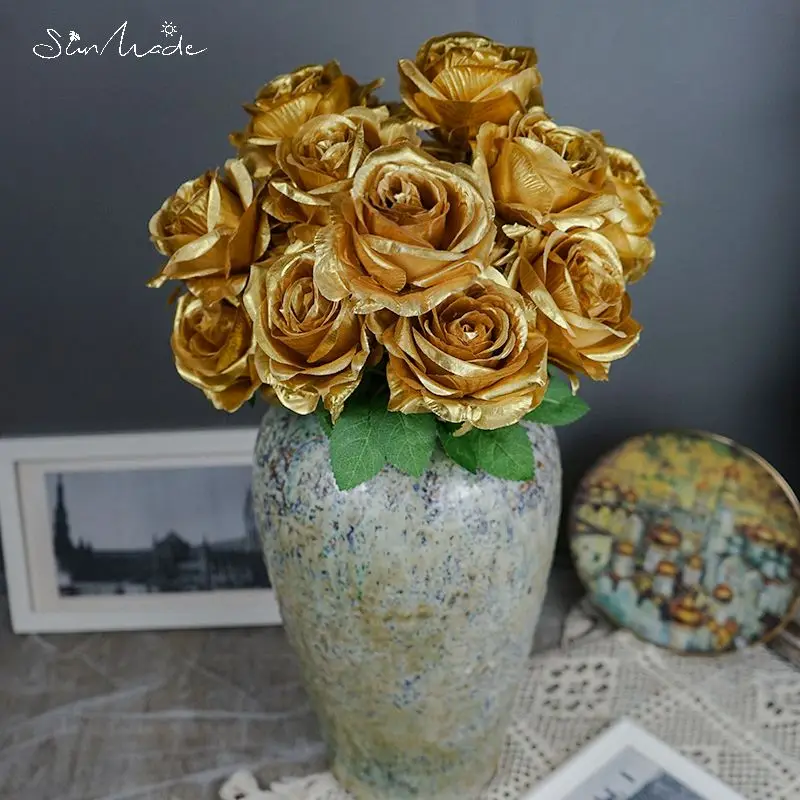 SunMade искусственные розы 10 головок букет черной золотые шелковые цветы свадебный