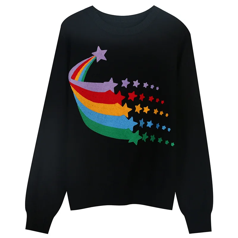 

Rainbow Shooting Star Embroidery Sweet Casual Long Sleeve Black White O-Neck Knitted Pullover Sweater Korean Fashion Clothing