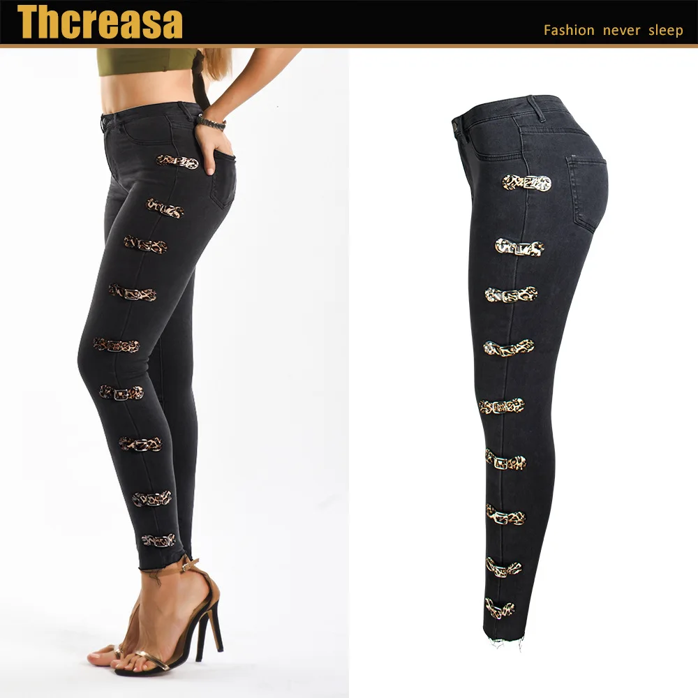 Женские джинсовые брюки карандаш узкие с боковой пряжкой в европейском и