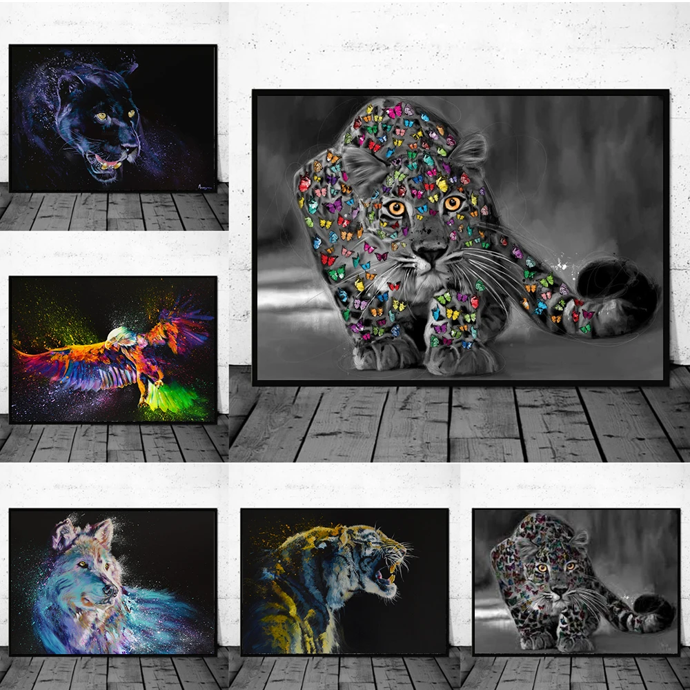 

Graffiti Canvas Art Painting Animal Butterfly Leopard Tiger Wolf Eagle Color Poster Prints for Living Room Pictures Home Decor