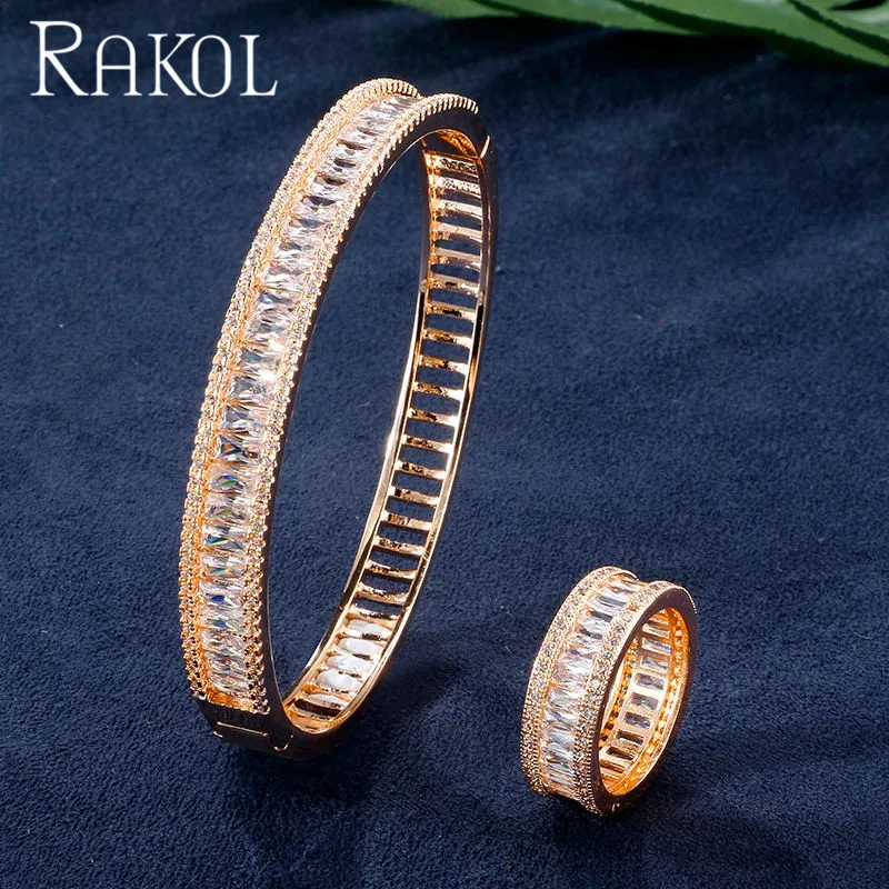 Роскошный браслет и кольца RAKOL с гладким кубическим цирконием комплект ювелирных