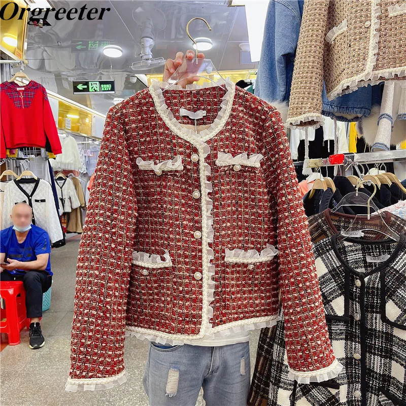 

Vintage Plaid Tweed Jacket Women Elegant Ladies Single-breasted Outwear Tops Spring Fall Long Sleeve Ruffles Trim Wild Coat