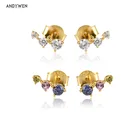 Серьги-гвоздики ANDYWEN, из серебра и золота 925 пробы, с тремя цирконами, радужные, украшения Pendiente