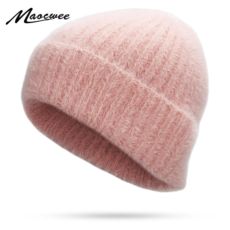 

Winter Rabbit Hair Beanie Hat For Women Men Outdoor Knitted Warm Soft Headgear Caps Solid Color Fashion Crochet Skullies Beanies