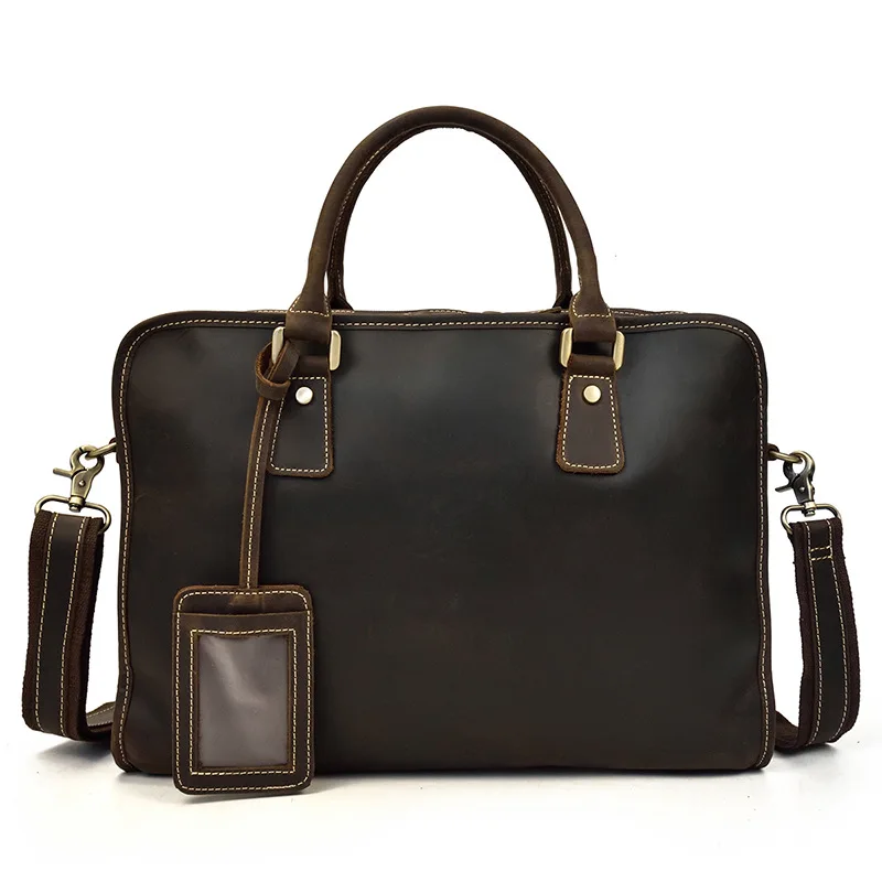 Men's Crazy Horse Leather Briefcase Retro Leather Commuter Handbag Business Shoulder Messenger Bag 15 Inch Computer Bag