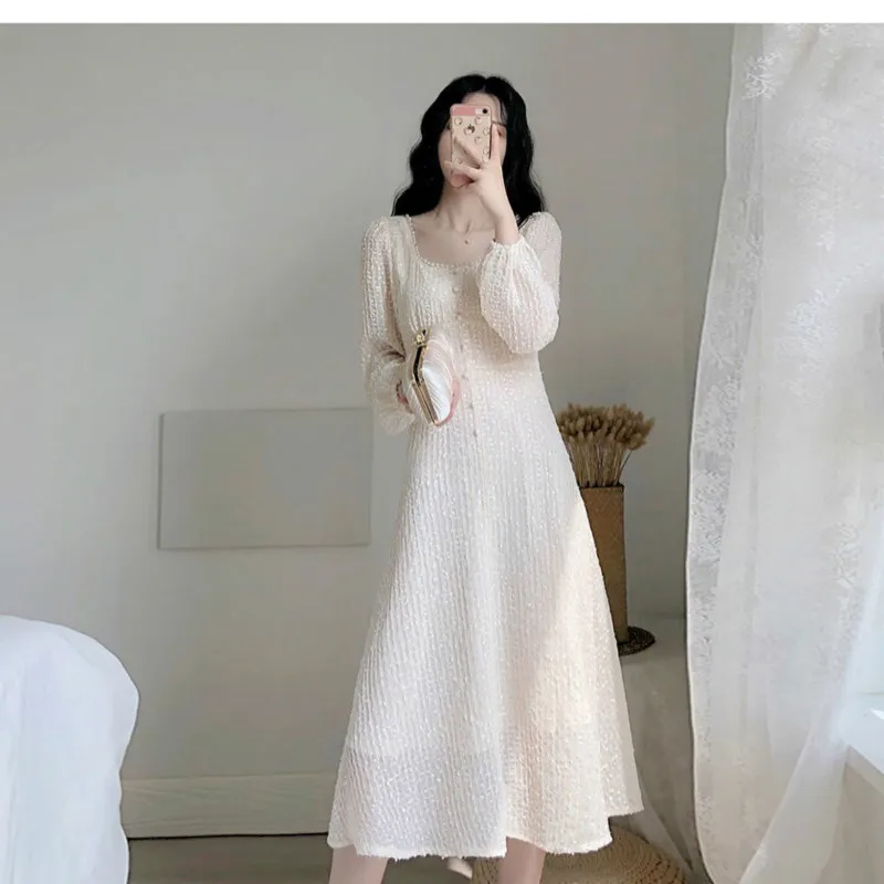 

2021 Early Spring New Elegant Slim Lace Dresses Women's French Retro Long Sleeve Square Collar Middle Long Base Dresses Y218