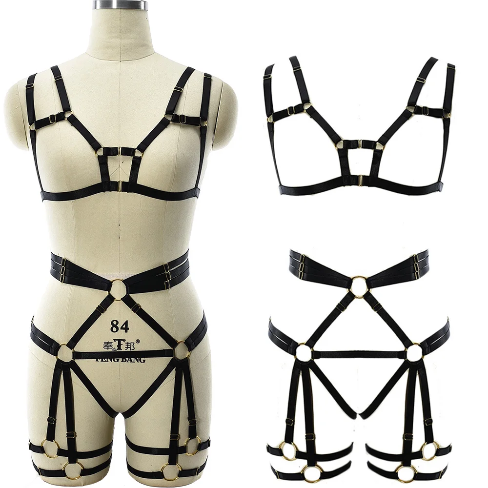 

Black Body Harness Set Adjust Open Chest Bra Rave Wear Bodysuit Sexy Lingerie Bondage Stockings Leg Garter Belt Fetish Body Cage