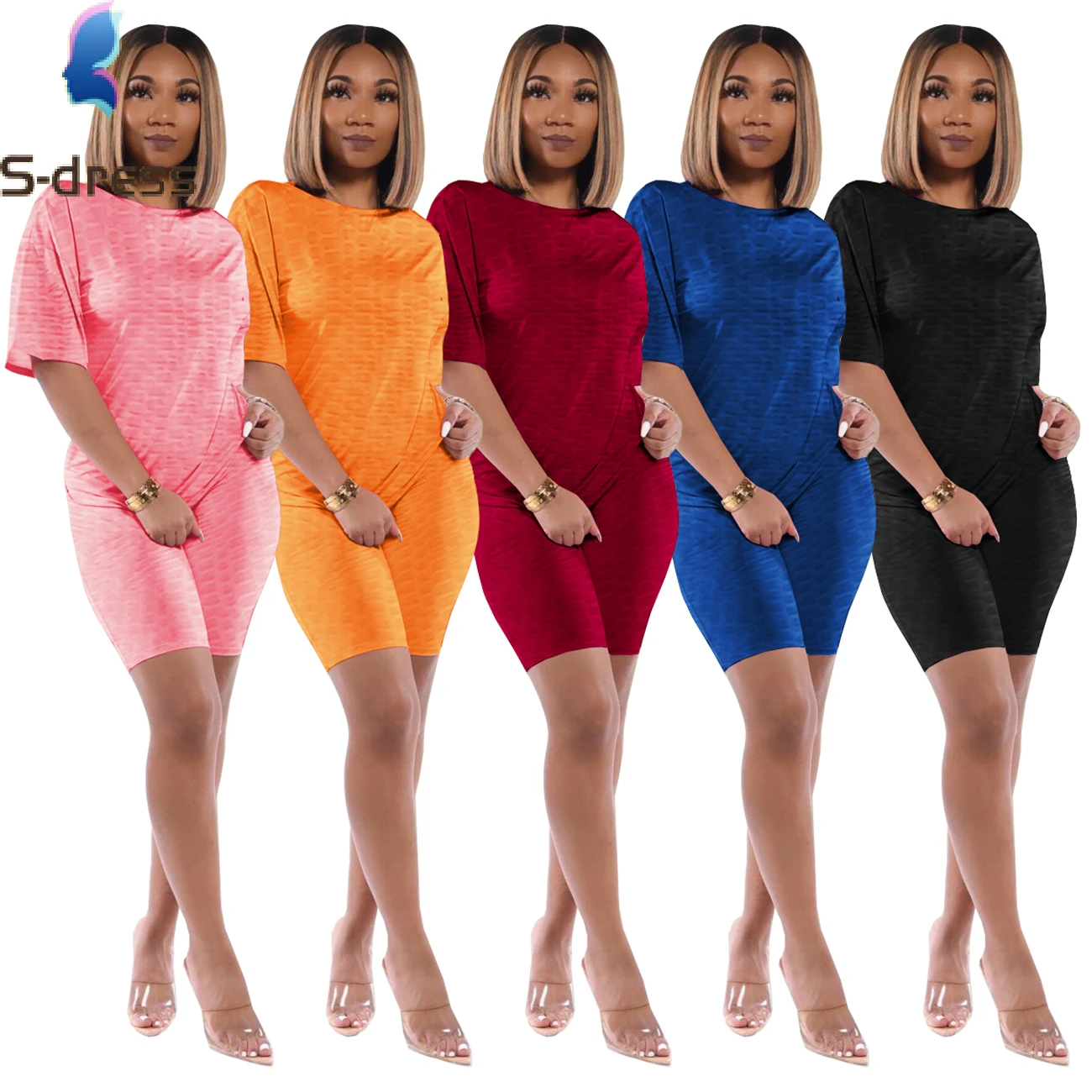 

New Arrivals 2021 Fashion Women Casual Bodycon Half Sleeve French Terry Casual Red Plain Dyed Pants Pineapple Cloth Suit