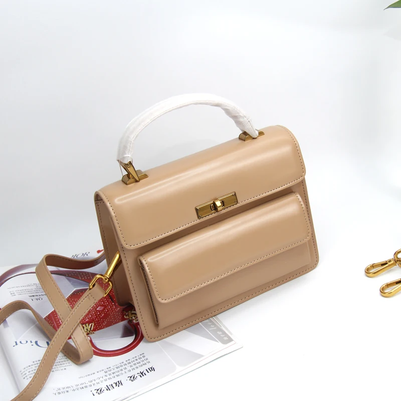 

Genuine Leather Handbag Small Commuter Messenger Bag Female Glossy Patent Leather Two-Layer Cowhide Lock Square Fashion Trend