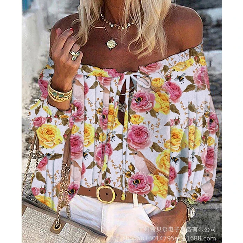 

WEPBEL Casual Loose T-shirt Summer Sexy Floral Print Lace-up T-shirt Women's Lantern Sleeve Backless Slash Neck T-shirt