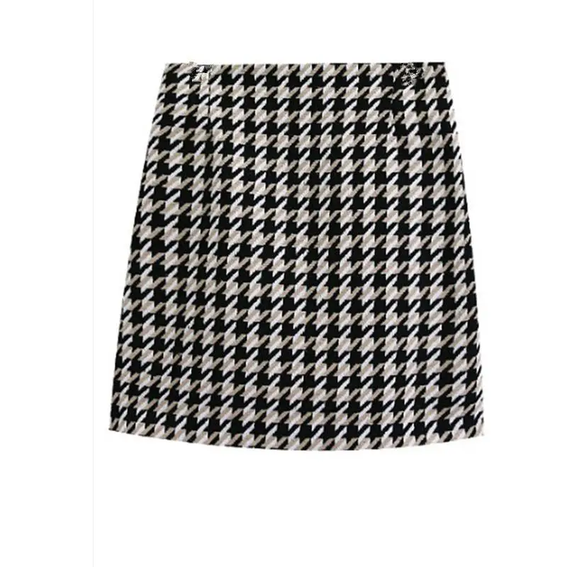 

High waist houndstooth bird bag arm skirt autumn and winter a word short skirt