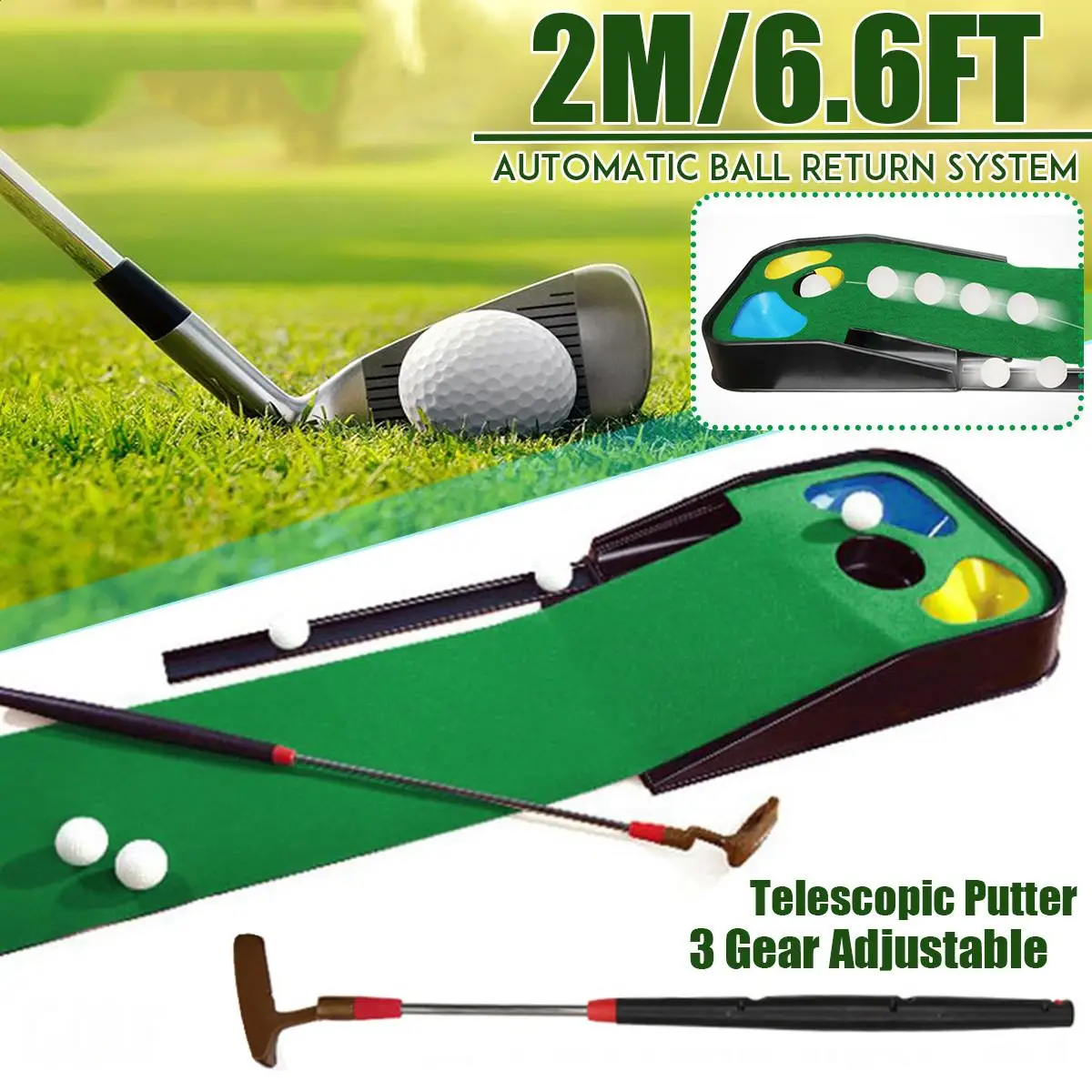 en Ucuz 2M Golf Vuruş Mat + Golf Atıcı + 5 Adet Golf Topu Eğitmen Yeşil Atıcı Halı Uygulama Seti Top Dönüş Mini Golf Vuruş Fairway