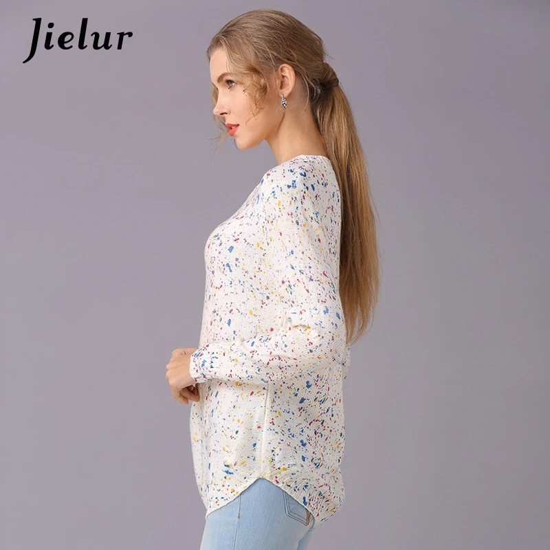 Jielur 2021 New Long-sleeved Printed Women's Sweater Casual Loose All-match Fashion Knitted Pullovers Europe Simple Female Tops | Женская