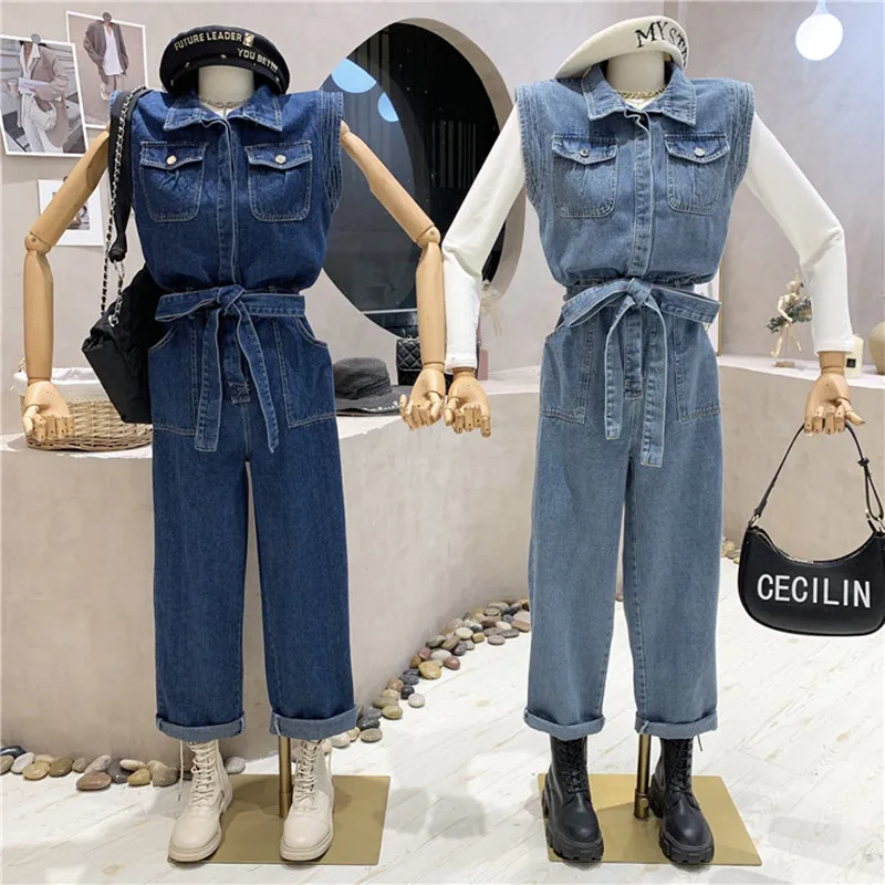 

Женский джинсовый комбинезон без рукавов, повседневный комбинезон с завышенной талией и широкими штанинами, одежда на осень-зиму 2021