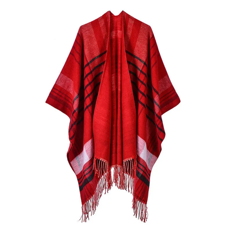 

Vintage Plaid Khaki Women Long Scars Ladies Fall Poncho Thick Bohemia Style Beach Windproof Wraps Shawl For Women