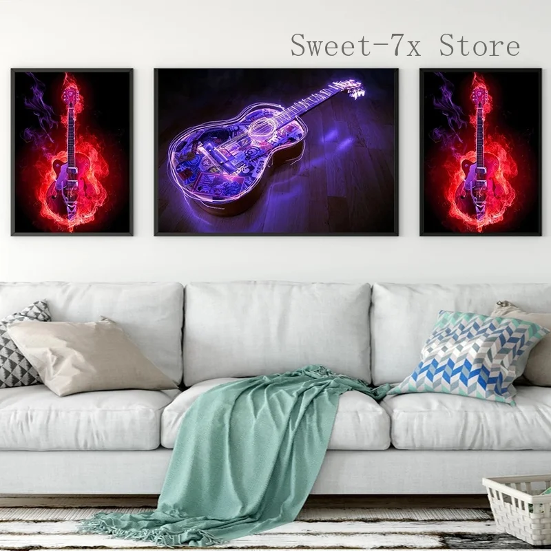 

Neon Guitar Blue Music Instrument Canvas Painting Art Nordic Posters and Prints Wall Pictures for Living Room Decor Frameless