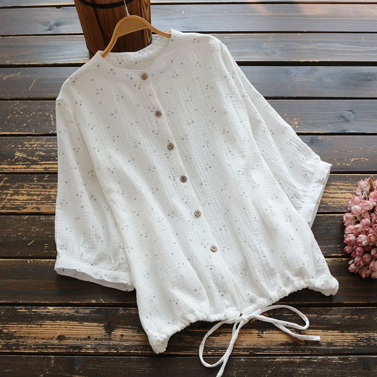 

Women Summer Autumn 2020 Cotton shirts Half Sleeve Drawstring Print Fashion Blouse Mori Girl Loose Casual Women White Tops