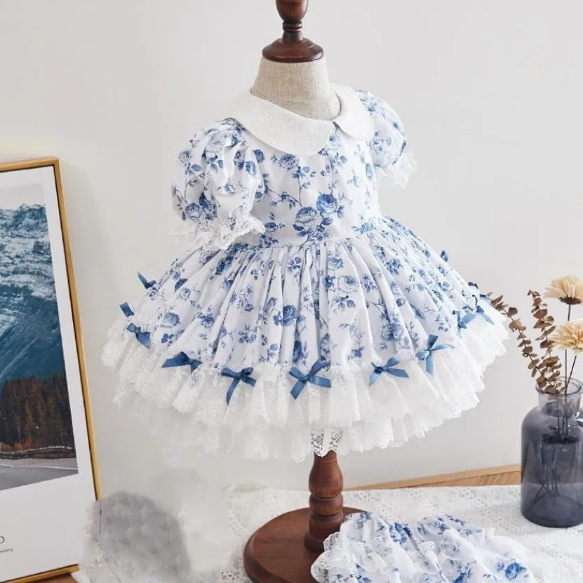 

2PCS Baby Clothing Summer Spanish Lolita Ball Gown Lace Bow Print Design Turkey Vintage Princess Dresses For Girls Eid Y2925