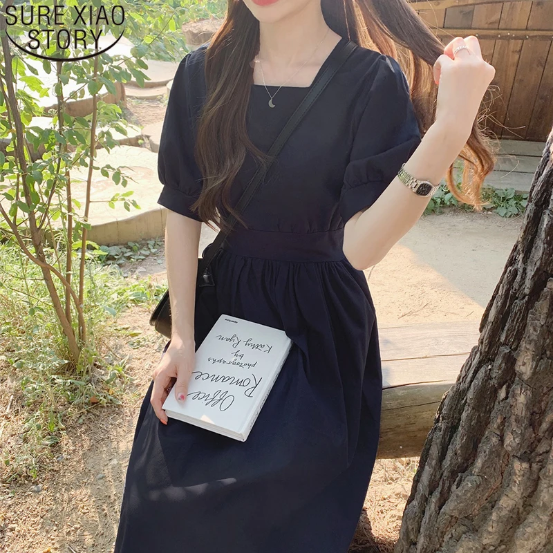 Женское платье из хлопка и льна однотонное во французском стиле с завышенной