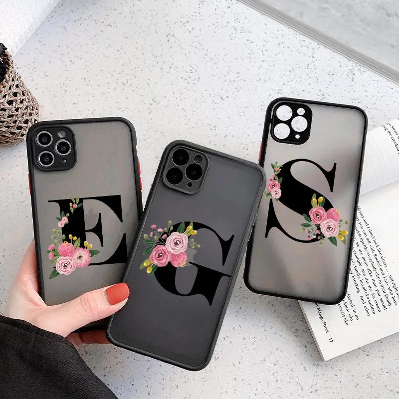 

Camera Protection Initial Letter Phone Case For iPhone 11 12 Mini Pro Max X XS XR 7 8 Plus SE 2020 Flower Clear Matte Hard Cover