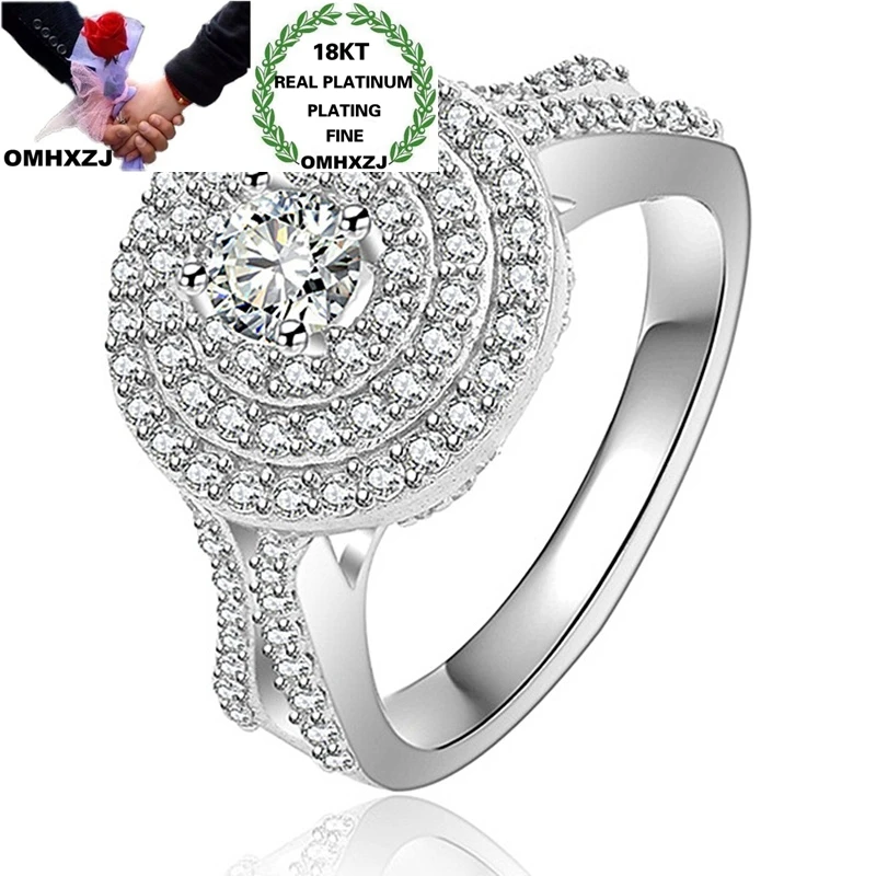 

OMHXZJ RR1063 Wholesale European Fashion Hot Woman Girl Party Birthday Wedding Gift Luxury Round AAA Zircon 18KT White Gold Ring