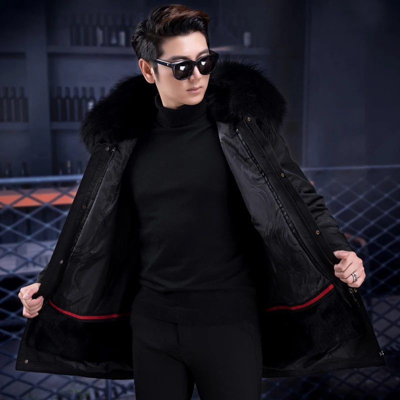 Cabolsas de Pele de Coelho Cabolsa de Pele de Guaxinim Outono e Inverno Nova Moda Masculina Real Forro Parka Gola Trench Coat Men Alta Qualidade