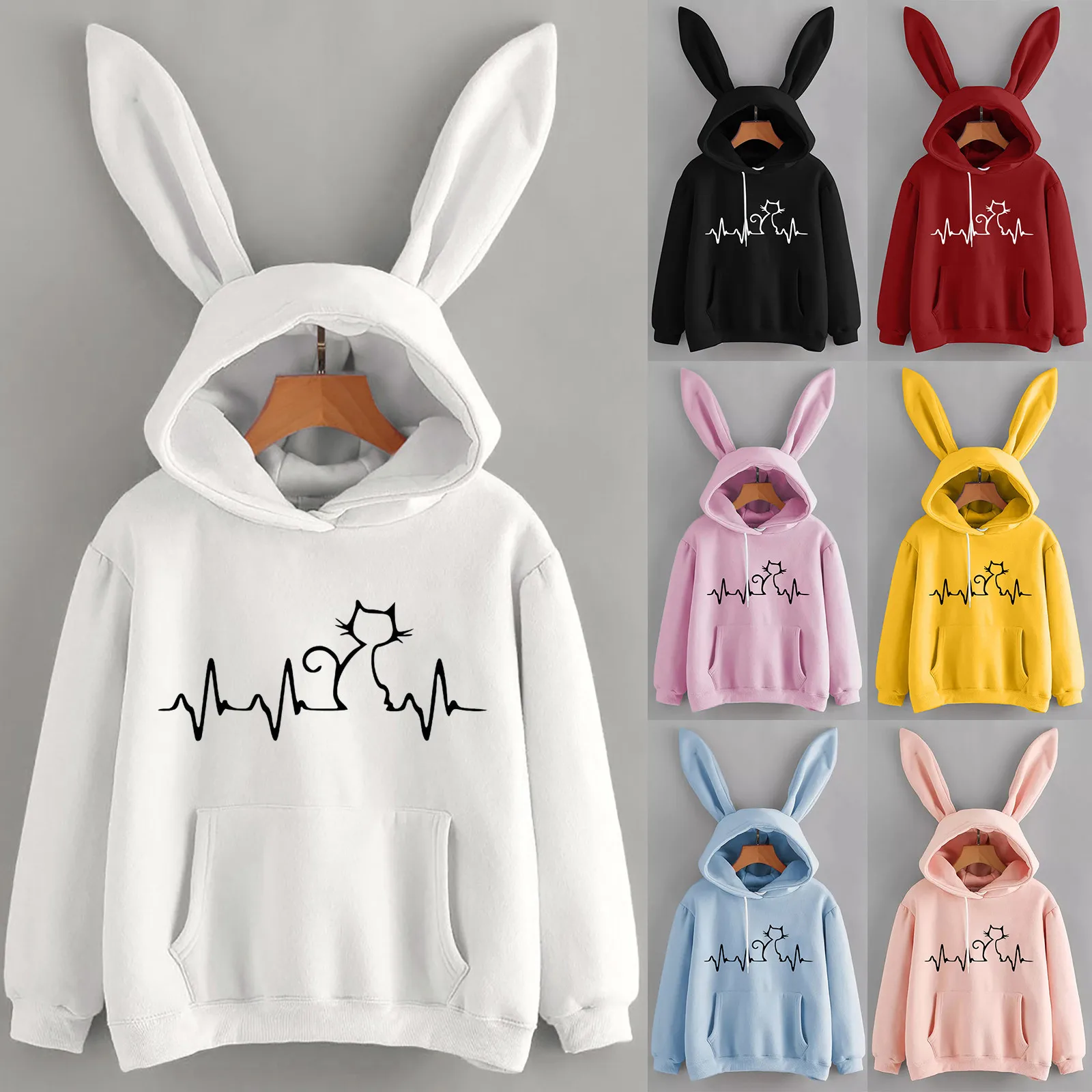 

Hoodie Women kawaii Rabbit Ears Hoodies Long Sleeve Cat print Sweatshirt Pullover Tops Blouse Hoody Ladies Warm Top c5