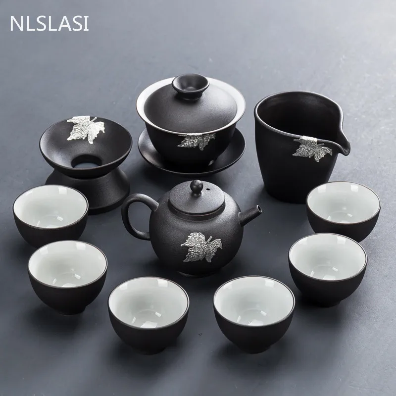 

10 pcs/set Chinese black crockery ceramic Tea set Exquisite Stoneware teapot Handmade kettle teacups Household teaware drinkware