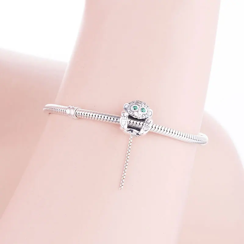 Женский серебряный браслет-Обезьяна 925 пробы с голубым кристаллом и змеей
