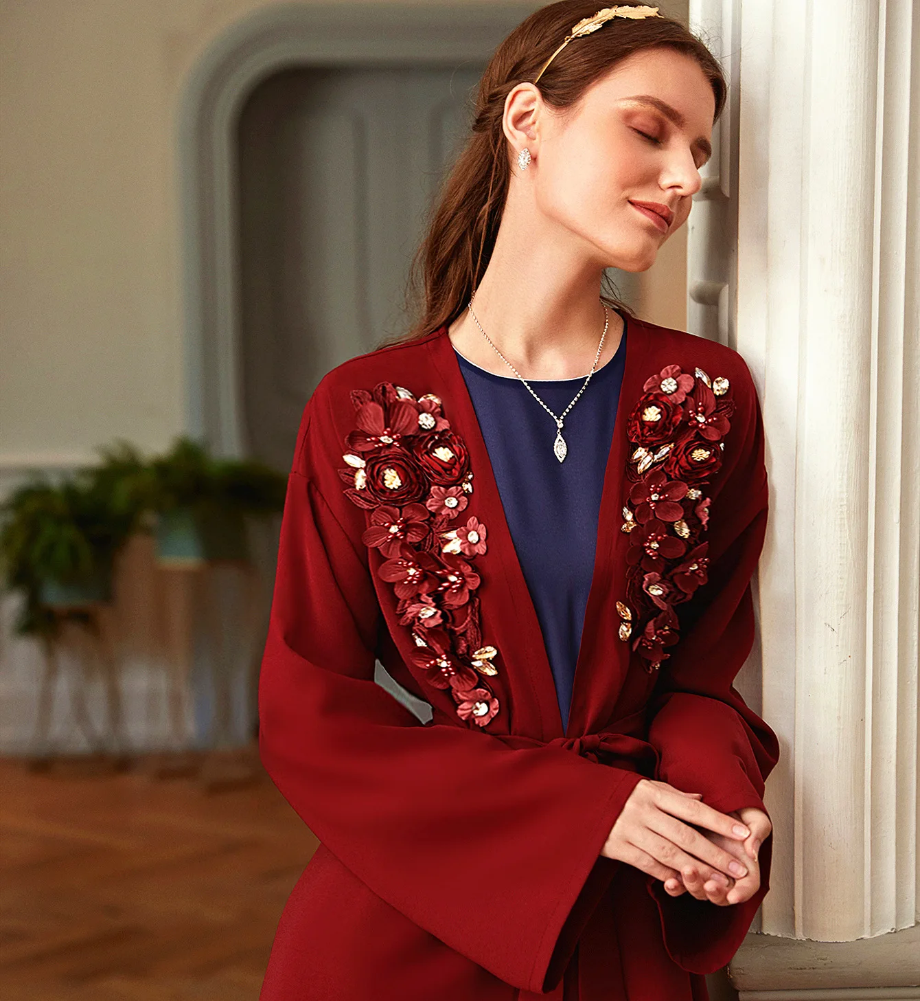 

Muslim Fashion Red Handmade Flowers Rhinestone Abaya Muslim Arabic Robe Cardigan Open Kimono Abayas for Women