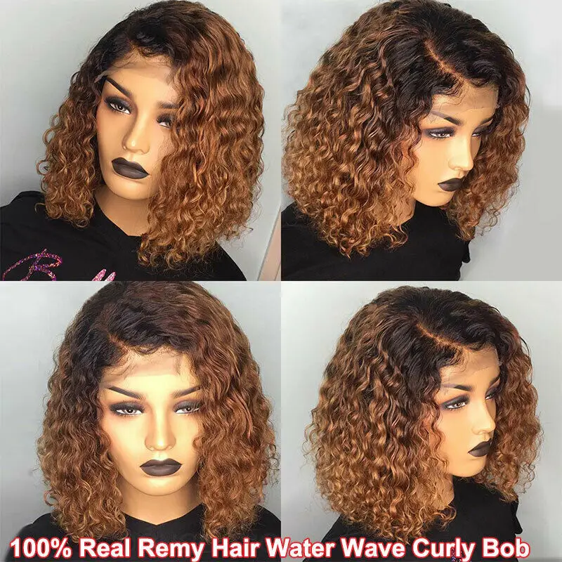 1B 27 Ombre Highlight Short Bob Curly Wig Lace Front Human Hair Deep Wave Wigs Baby Brazilian Water Women | Шиньоны и парики