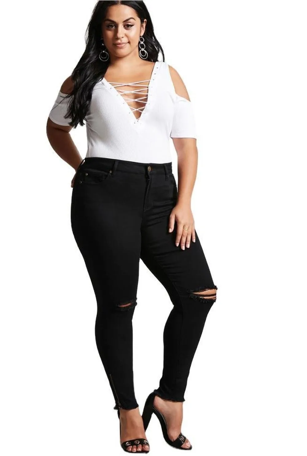 

Black Skinny Jeans for Women Super Stretched Ripped Hole High Waist Pencil Pant Casual Zipper Cotton Hole Slim Fit Denim Pants