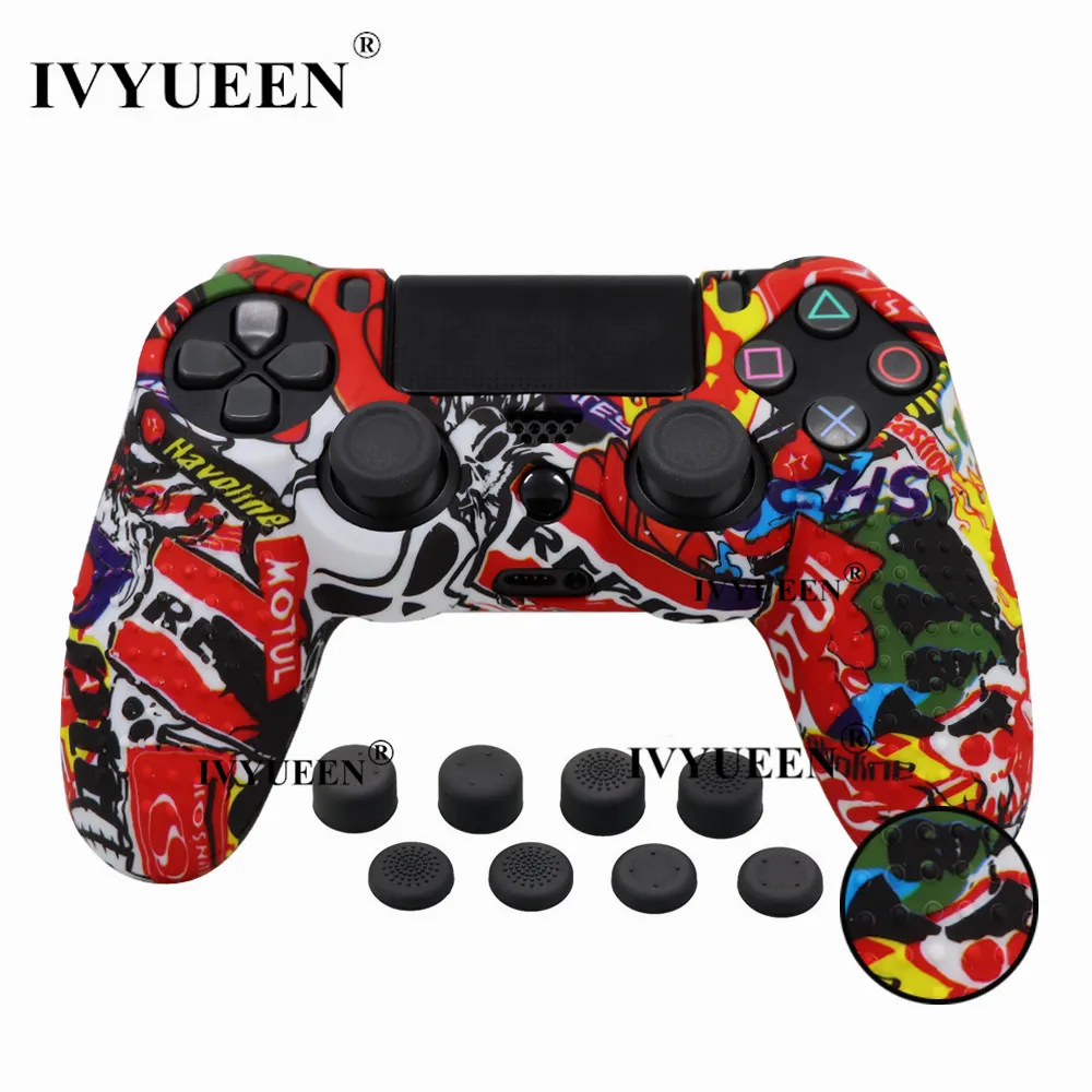 IVYUEEN 9 в 1 Шипованный силиконовый защитный чехол для sony Dualshock 4 PS4 Pro тонкий контроллер с 8 аналоговыми рукоятками - Цвет: Sticker Bomb