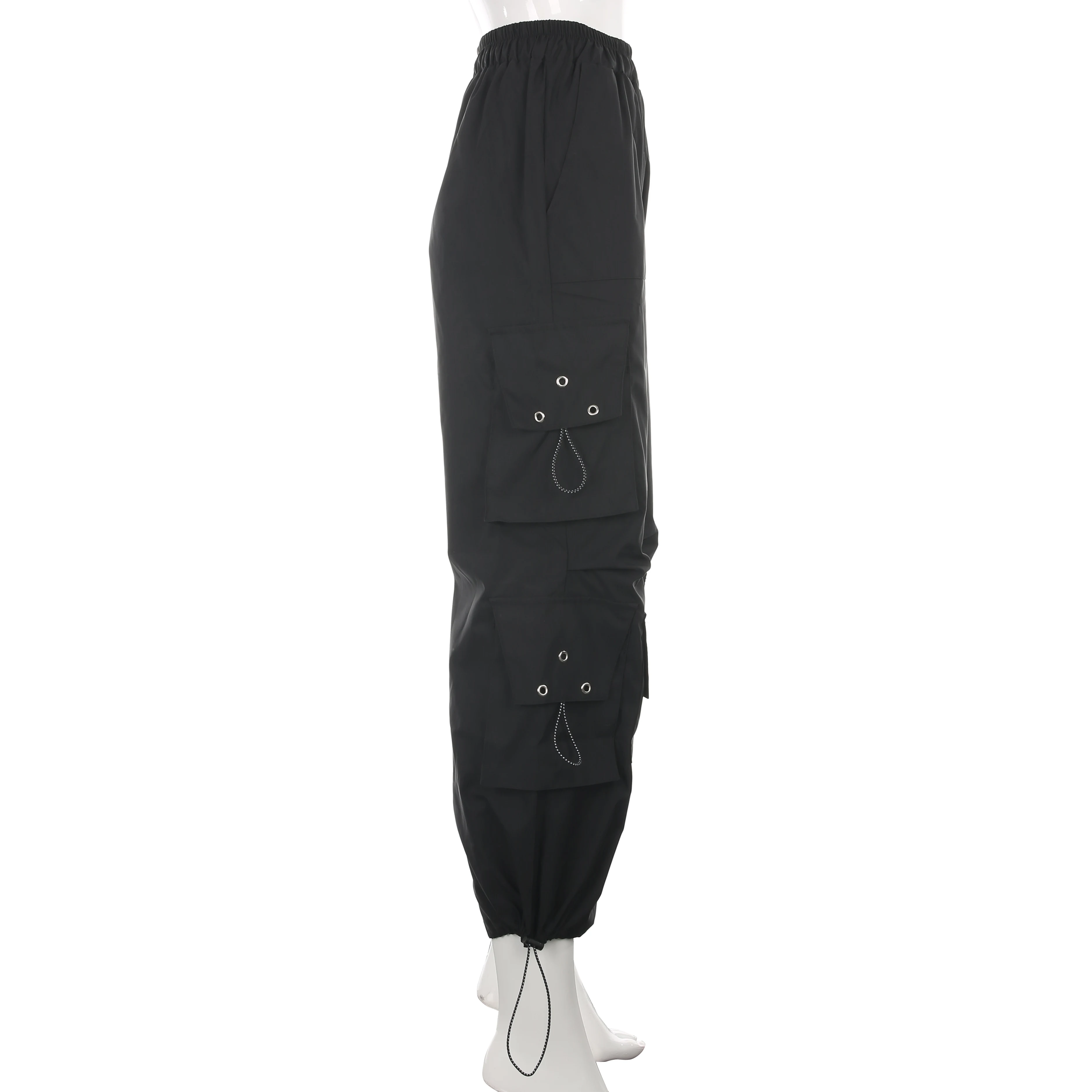 

Streetwear Loose Black Cargo Pants Women Drawstring Big Pockets Trousers Baggy High Waist Pants Hip Hop Capri Bottom