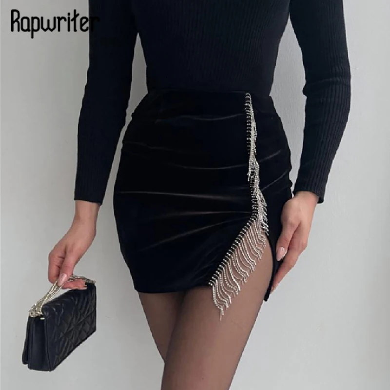 

Rapwriter Elegant Chain Tassel Mini Skirt Vintage Black Velvet Side Split Short Skirt Evening Women Party Club Skirt 90s Fashion