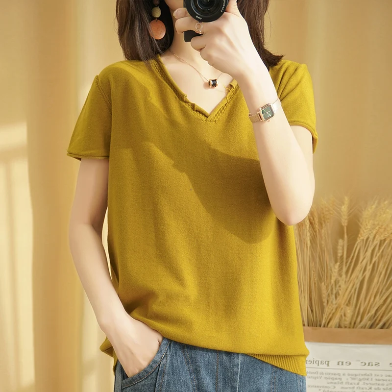 

Women's top T-shirts with half sleeves stylish v-neck casual female pullover cotton women knitted tshirt