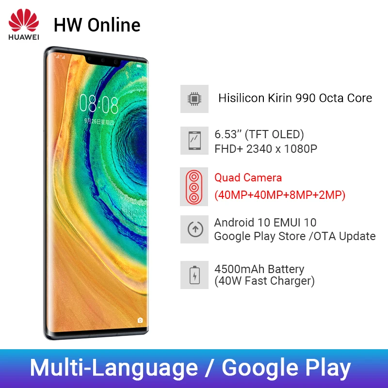Huawei Mate 30 Pro мобильный телефон 6 53 ''Kirin 990 Octa Core 40MP Quad Camera смартфон 4500mAh 40W быстрое