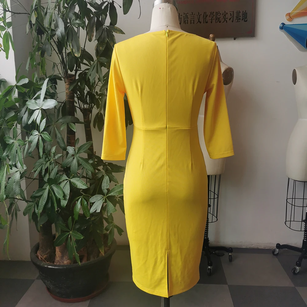 

Office Dress Chic Yellow Bodycon Plus Size Sexy V Neck Tight Pencil Vestidos African Female One Piece Party Causal Summer Dress