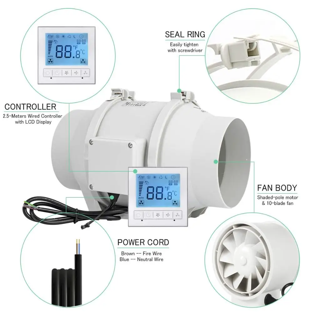 6 дюймовый бесшумный встроенный вентилятор с таймером и умным контроллером
