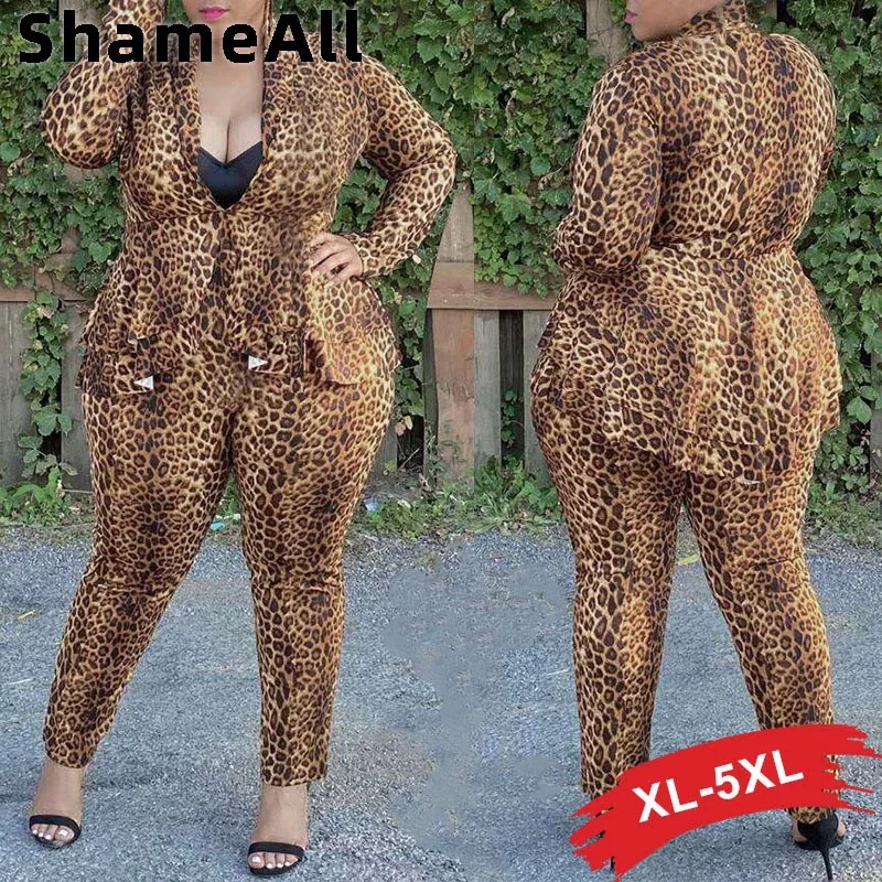 

Размера плюс с леопардовым принтом два 2 шт. комплекты 4XL с баской и растягивающиеся облегающие леггинсы узкие брюки костюмы Офисные женские...