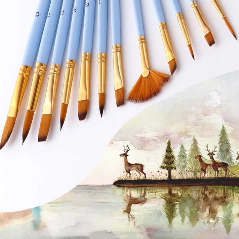

12-piece combination nylon brush set matte blue rod with fan-shaped watercolor pen art supplies