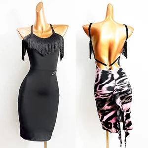 Одежда для латинских танцев платье с низким вырезом на спине, с бахромой, платья для женщин в африканском стиле; Цвет черный, с леопардовым принтом, для танцев, тренировочная одежда Самба Танго выступление костюм VDB2254