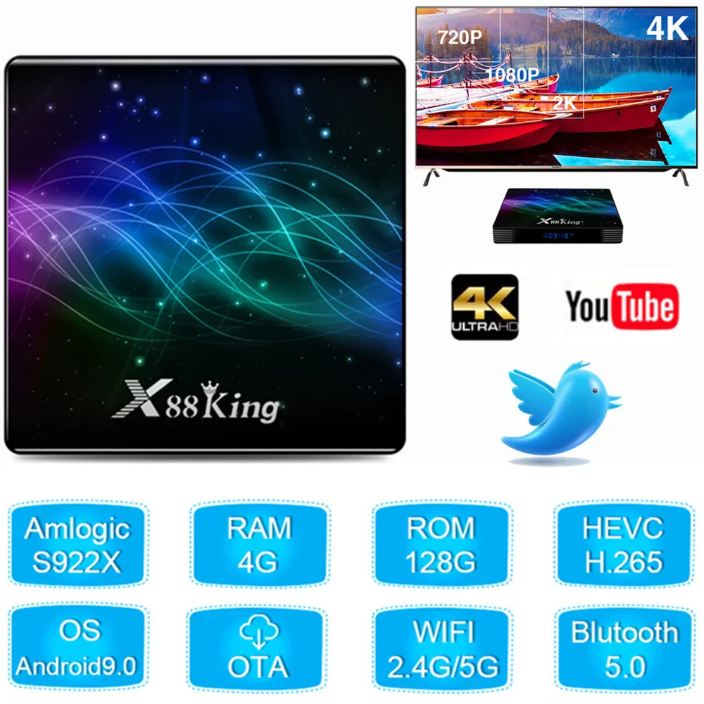 

X88King Amlogic S922X TV Box Android 9.0 4GB DDR4 128GB RAM Smart Set Top Box WiFi 1000M BT5.0 The Best Media Player Youtube