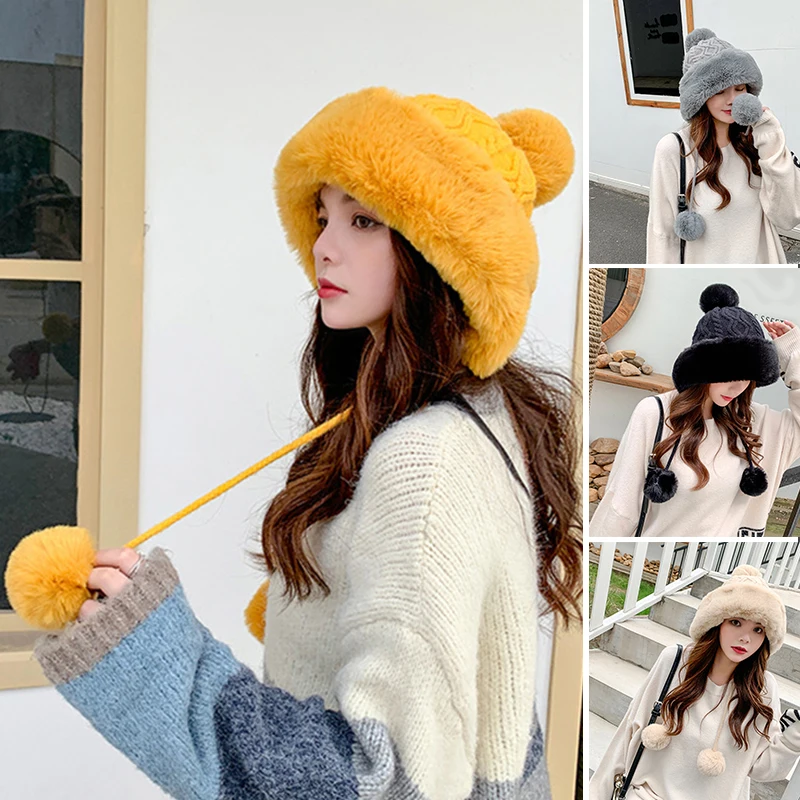 

Winter Knitted Hat Forwomen Cotton Cashmere Pullover Cap Ball Cute Plus Velvet Thicken Cold Warm Pure Color Knitted Hat 2021 New