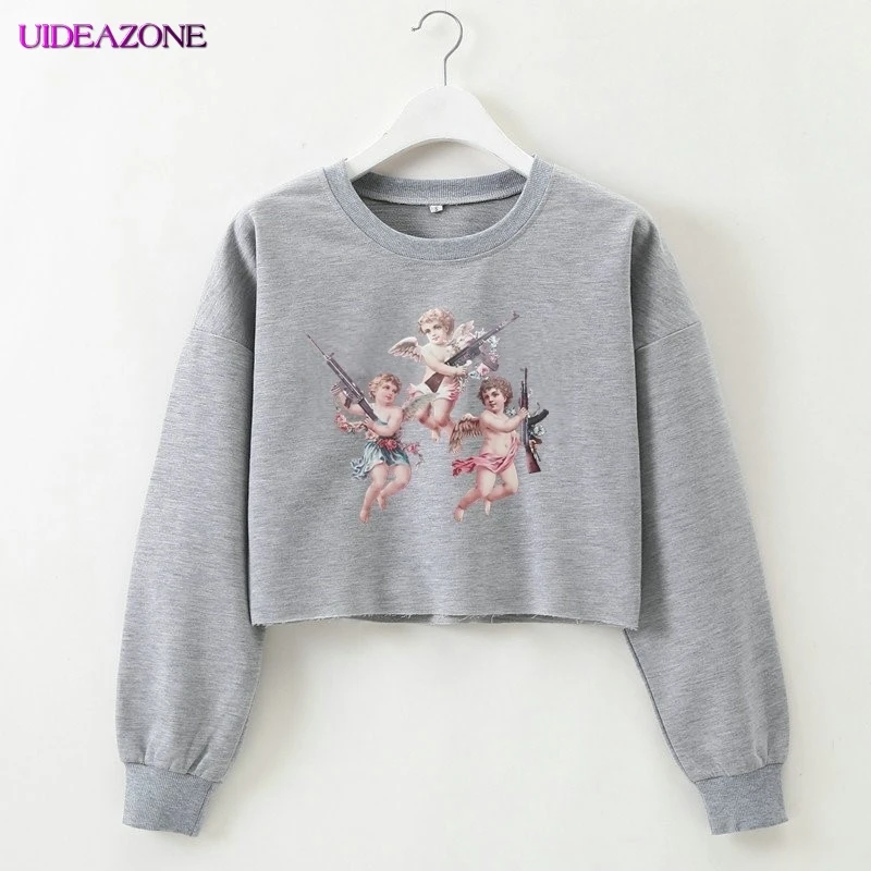 Милые женские толстовки с принтом ангела укороченные топы длинным рукавом и