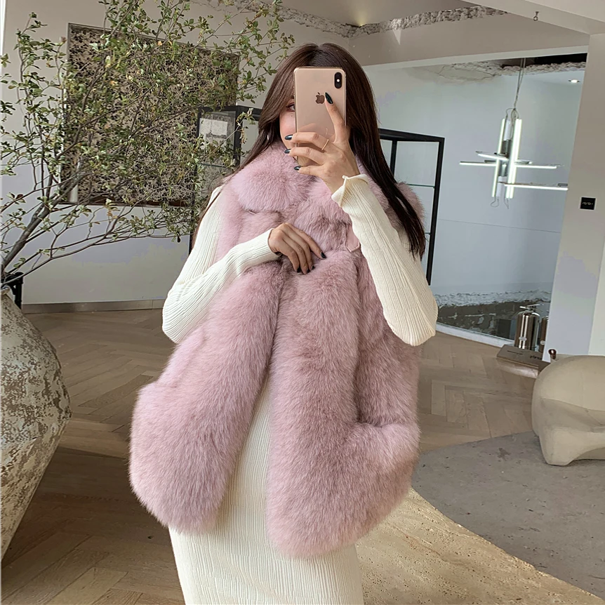 FURSARCAR 2021 Real Natrual Fox Fur Vest For Women Winter Whole Skin Waistcoat With Collar Genuine Motorcycle Leather Fur Gilet