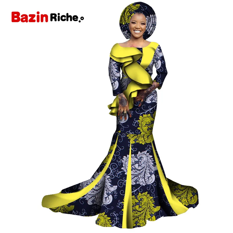 Gifted Headwrap Traditional African Women Clothing Floor-length African Wax Cotton Custom Women Birthday Party Dresses WY7073