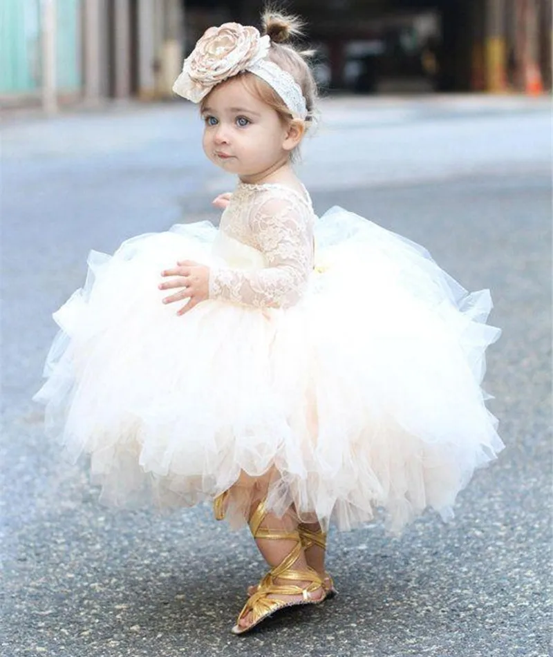 

Vintage Flower Girls Dress for Wedding Baby Infant Toddler Baptism Clothes Long Sleeves Lace Tutu Ball Gown Birthday Girl Dress