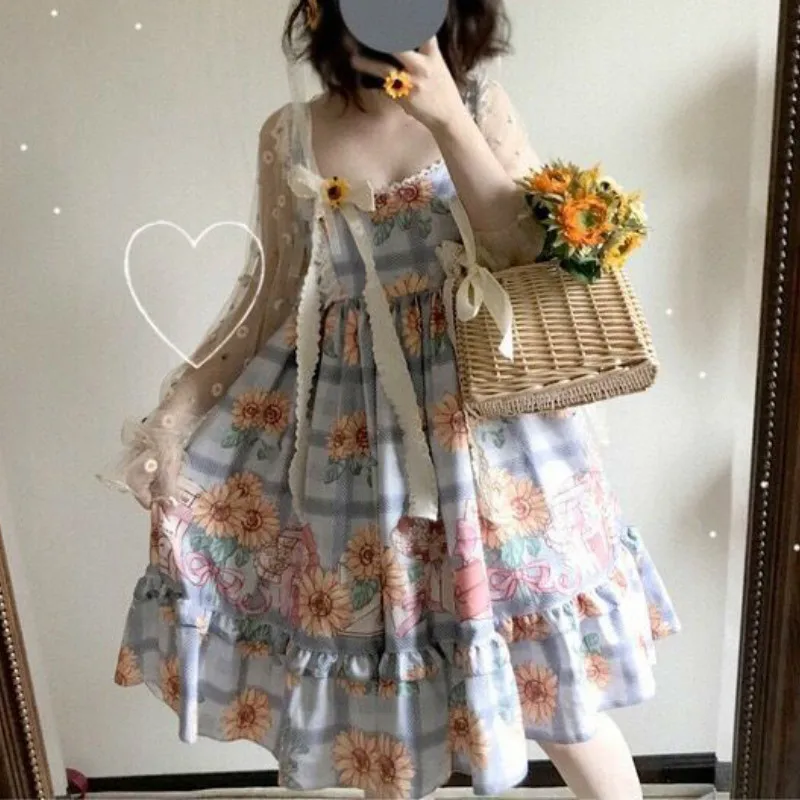 Женское платье пончо с подсолнухами и бантом летнее принцессы в японском стиле